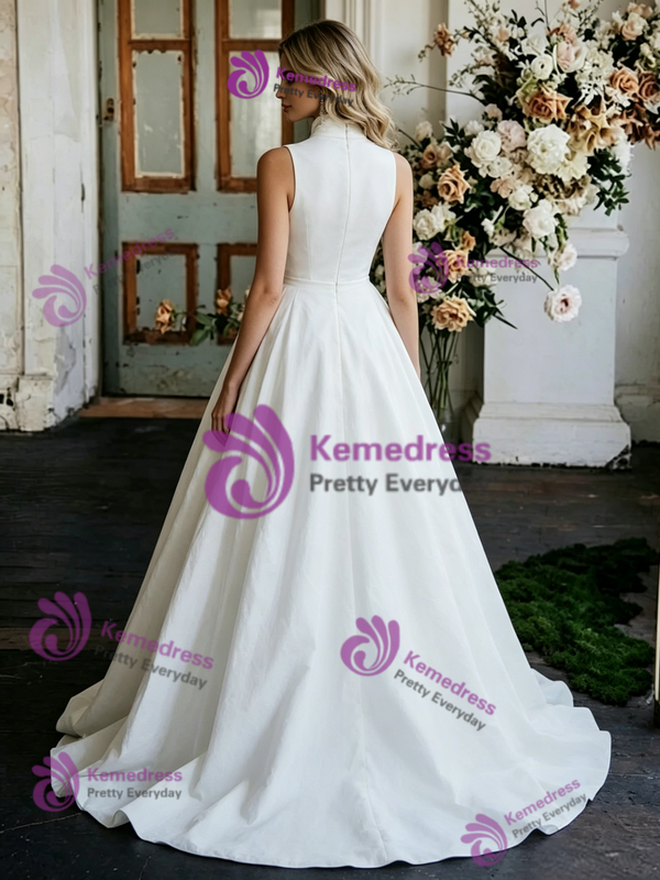 White Satin High Neck Sleeveless Wedding Dress