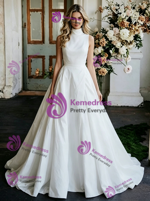 White Satin High Neck Sleeveless Wedding Dress