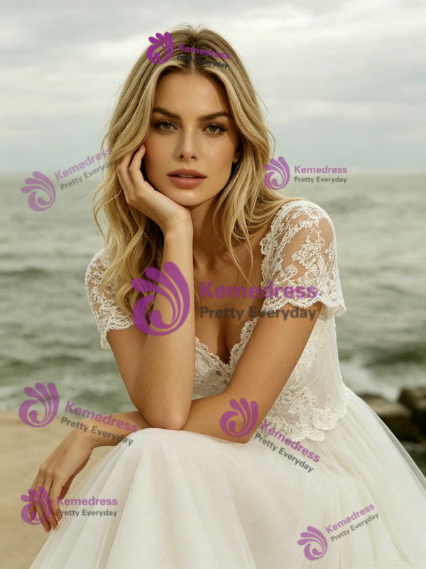 Simple White Lace Short Sleeve Wedding Dress