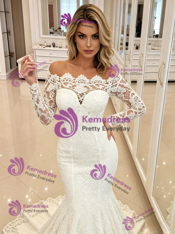 White Mermaid Long Sleeve Wedding Dress