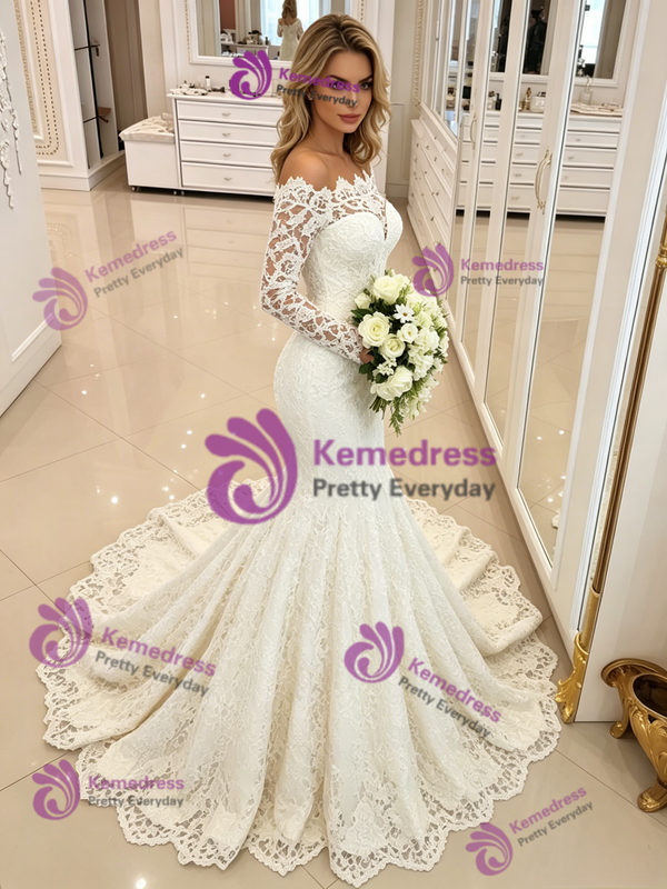 White Mermaid Long Sleeve Wedding Dress