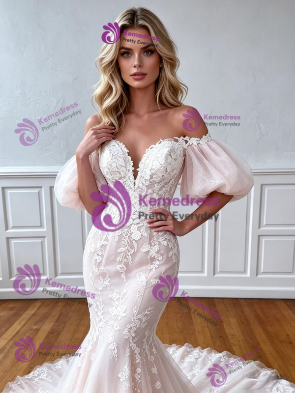 Mermaid Tulle Appliques Puff Sleeve Wedding Dress