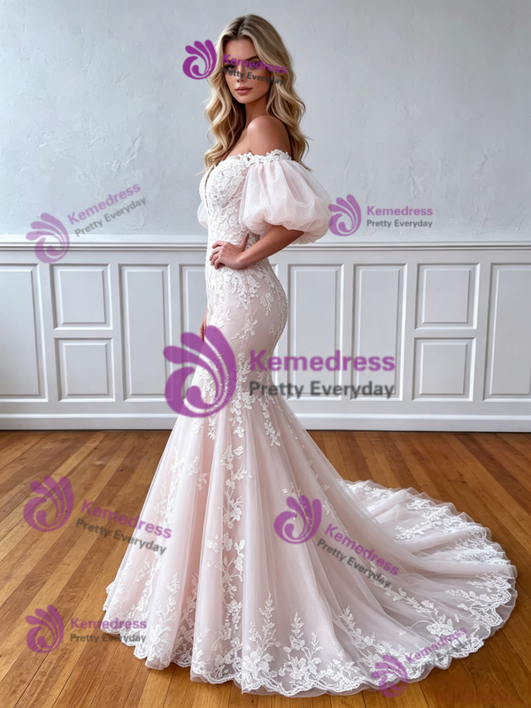 Mermaid Tulle Appliques Puff Sleeve Wedding Dress