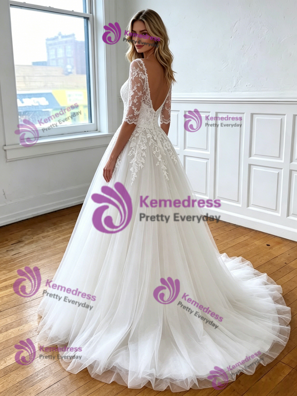 Tulle Lace Appliques Backless Short Sleeve Wedding Dress