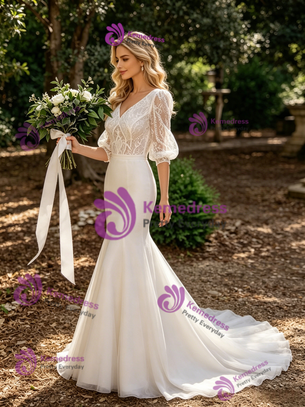 White Mermaid V-Neck Lace Wedding Dress