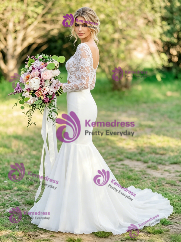Sexy White Mermaid Lace Long Sleeve Wedding Dress