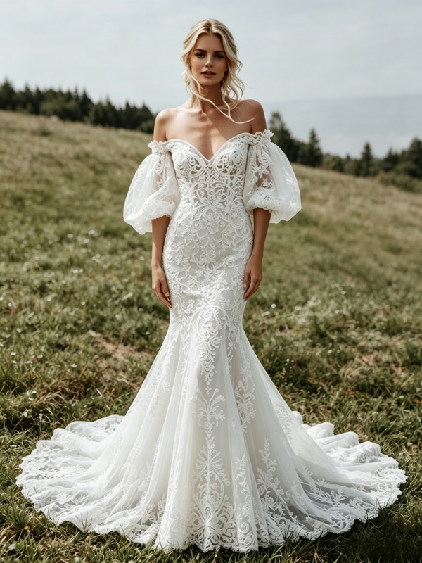 Sexy White Mermaid Lace Puff Sleeve Wedding Dress