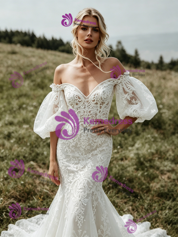 Sexy White Mermaid Lace Puff Sleeve Wedding Dress