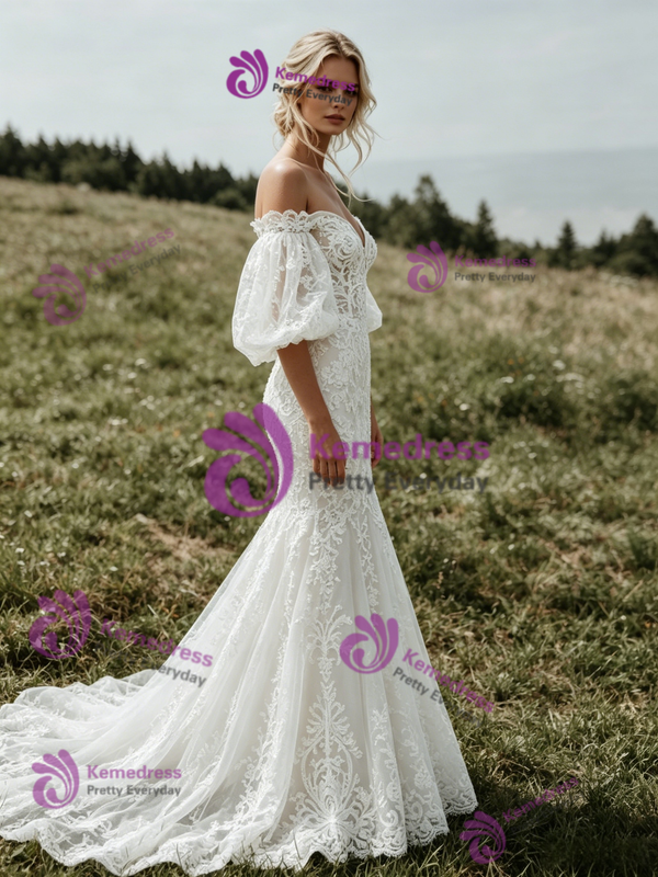 Sexy White Mermaid Lace Puff Sleeve Wedding Dress