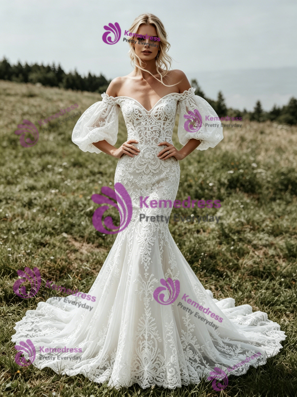 Sexy White Mermaid Lace Puff Sleeve Wedding Dress