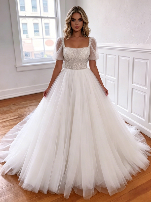 White Square Neck Tulle Puff Sleeve Beading Wedding Dress