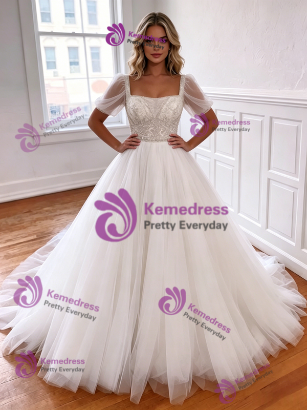 White Square Neck Tulle Puff Sleeve Beading Wedding Dress