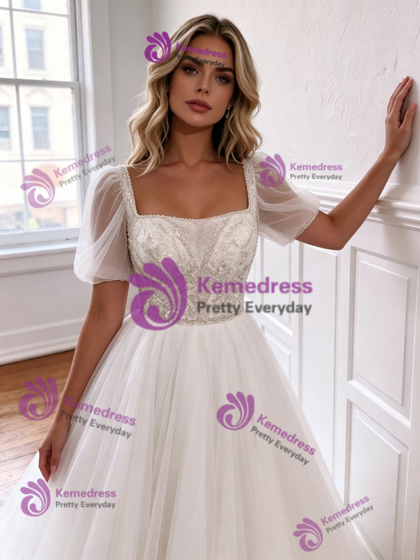 White Square Neck Tulle Puff Sleeve Beading Wedding Dress