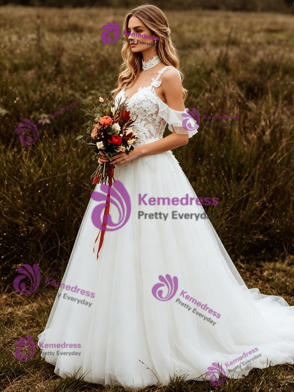 White Tulle Lace Appliques Wedding Dress