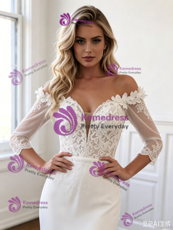 Sexy White Tulle Lace Appliques Short Sleeve Wedding Dress