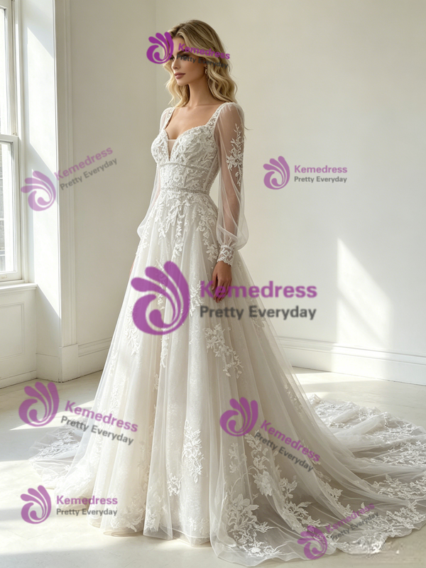 A-Line White Tulle Appliques Long Sleeve Wedding Dress