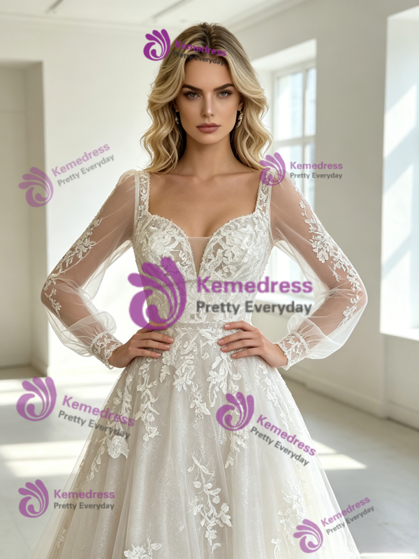 A-Line White Tulle Appliques Long Sleeve Wedding Dress