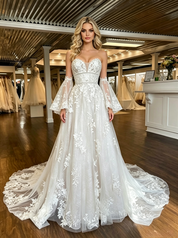 White Strapless Tulle Lace Appliques Short Sleeve Wedding Dress