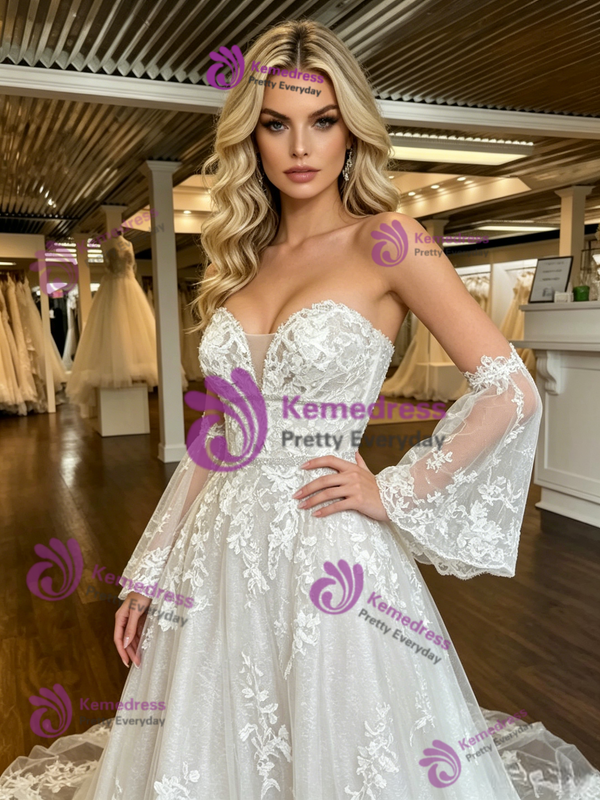 White Strapless Tulle Lace Appliques Short Sleeve Wedding Dress