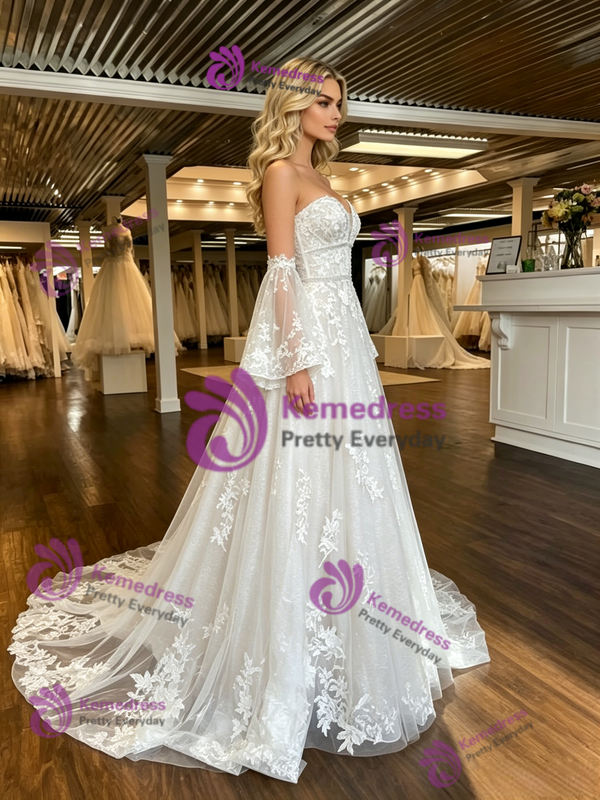 White Strapless Tulle Lace Appliques Short Sleeve Wedding Dress