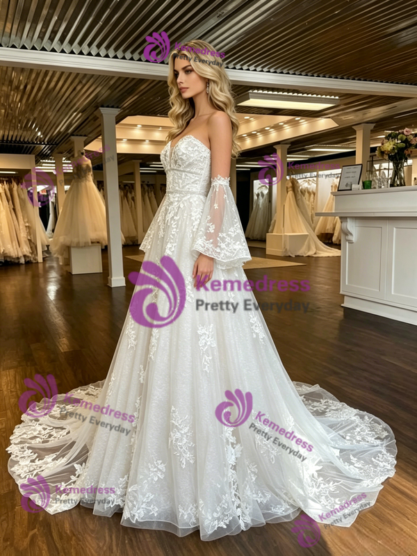 White Strapless Tulle Lace Appliques Short Sleeve Wedding Dress