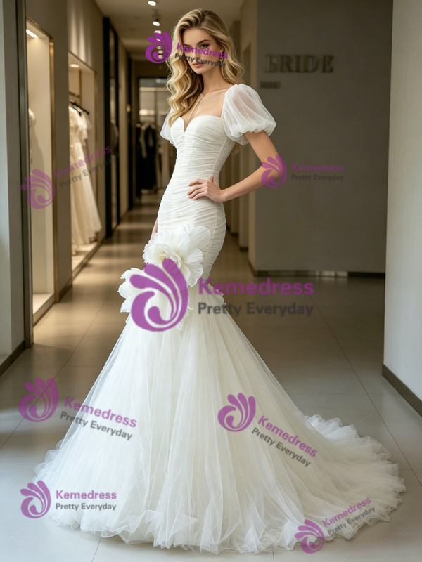 White Mermaid Tulle Puff Sleeve Wedding Dress