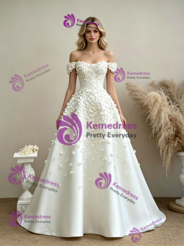 White Off The Shoulder Flower Wedding Dress