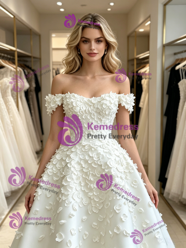 White Off The Shoulder Flower Wedding Dress