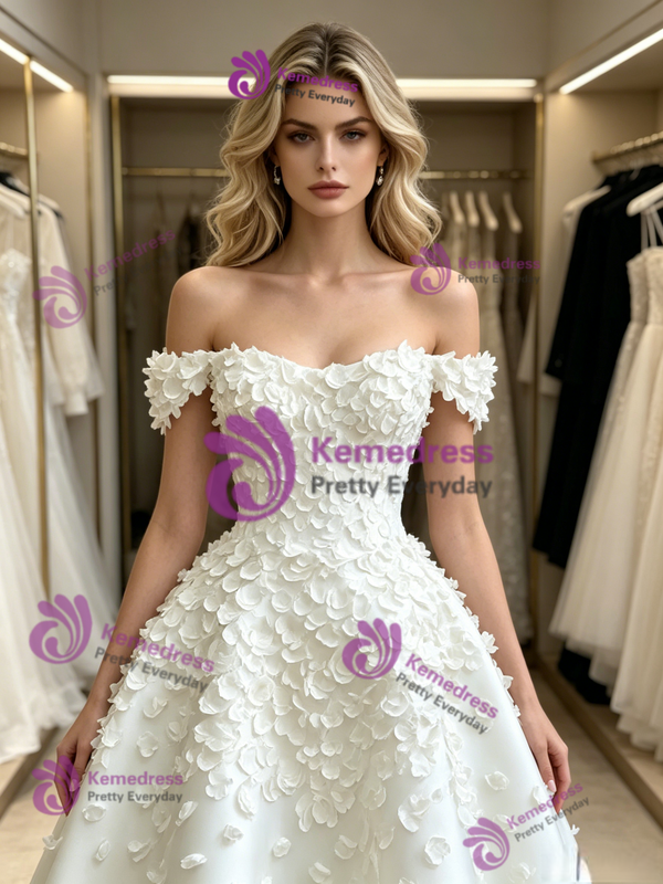 White Off The Shoulder Flower Wedding Dress