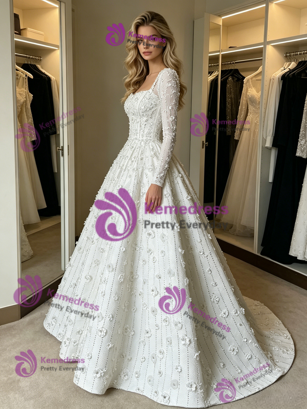 White Square Neck Short Sleeve Wedding Dress