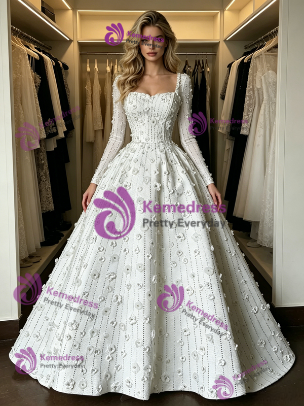 White Square Neck Short Sleeve Wedding Dress