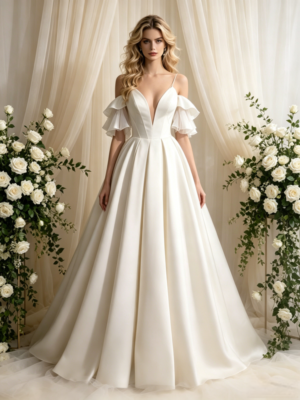 Simple Ivory Satin Spaghetti Straps Wedding Dress