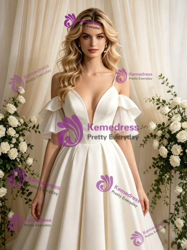 Simple Ivory Satin Spaghetti Straps Wedding Dress