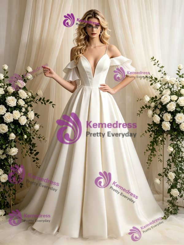 Simple Ivory Satin Spaghetti Straps Wedding Dress