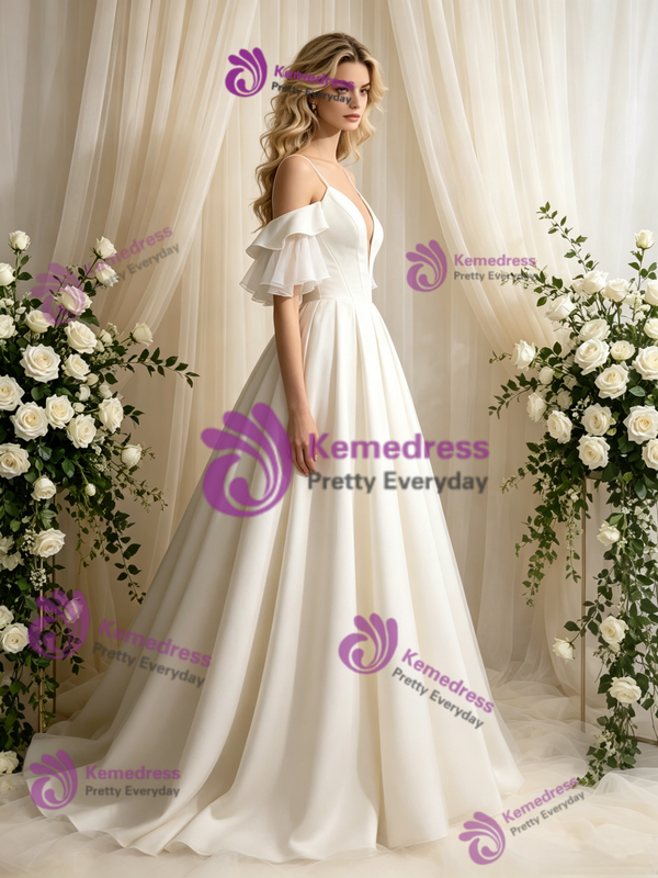 Simple Ivory Satin Spaghetti Straps Wedding Dress
