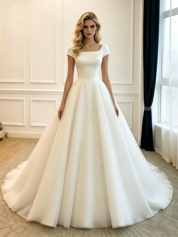 White Tulle Square Neck Cap Sleeve Wedding Dress