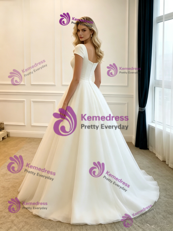 White Tulle Square Neck Cap Sleeve Wedding Dress