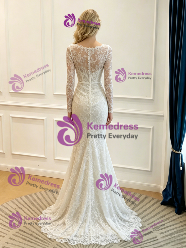 Sexy White Mermaid Long Sleeve Pleats Wedidng Dress
