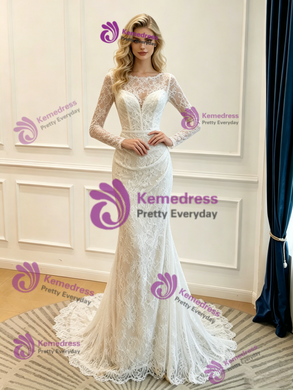 Sexy White Mermaid Long Sleeve Pleats Wedidng Dress