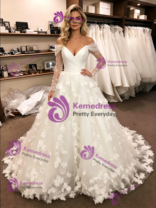 White Tulle Long Sleeve Pleats Flower Wedding Dress