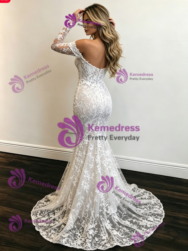 Sexy White Mermaid Lace Long Sleeve Wedding Dress