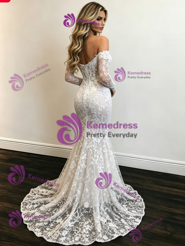 Sexy White Mermaid Lace Long Sleeve Wedding Dress
