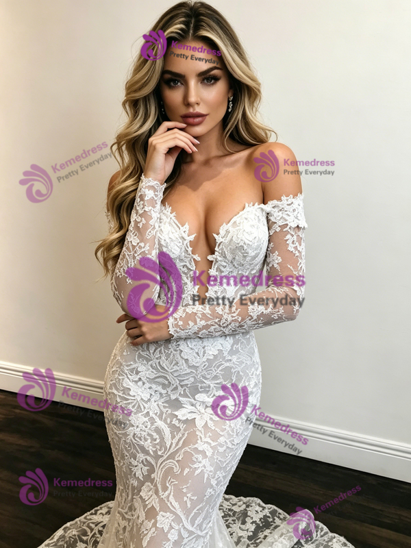 Sexy White Mermaid Lace Long Sleeve Wedding Dress