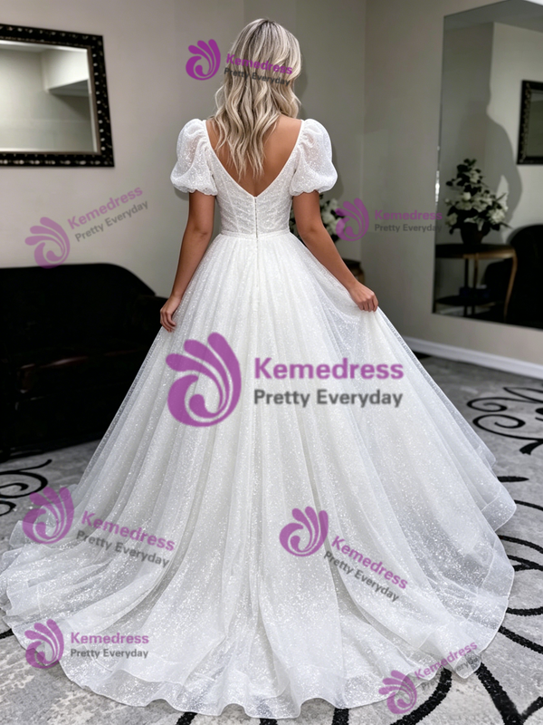 White Sequins Puff Sleeve Wedding Dress