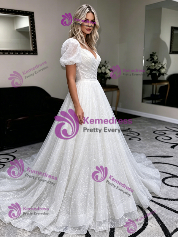 White Sequins Puff Sleeve Wedding Dress