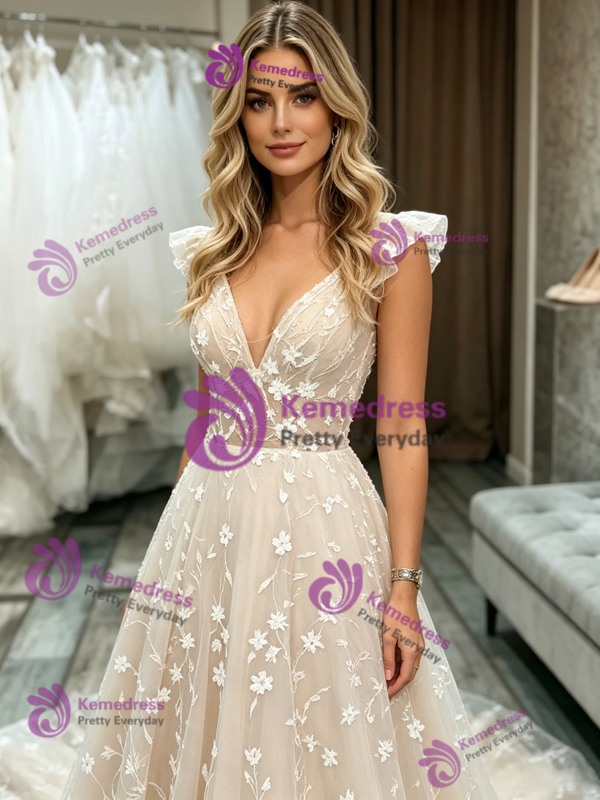 A-Line Champagne Tulle Lace Wedding Dress