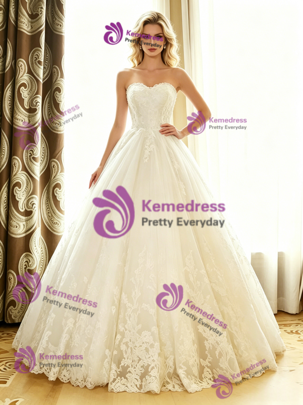 White Tulle Lace Strapless Wedding Dress