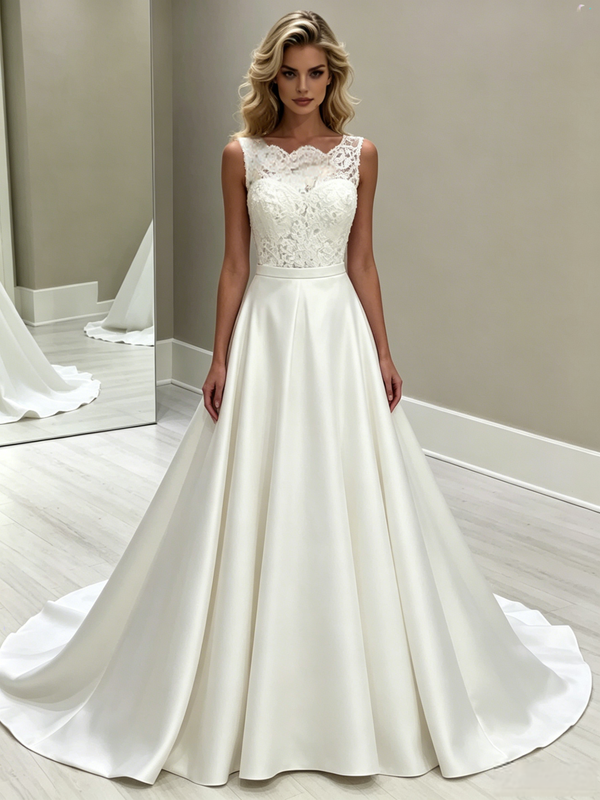 Simple White Satin Lace Scoop Neck Wedding Dress