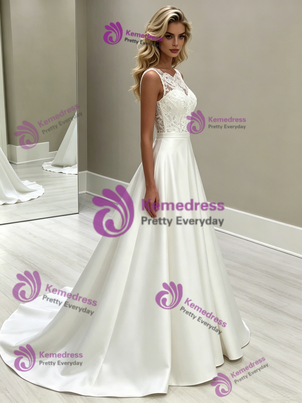 Simple White Satin Lace Scoop Neck Wedding Dress