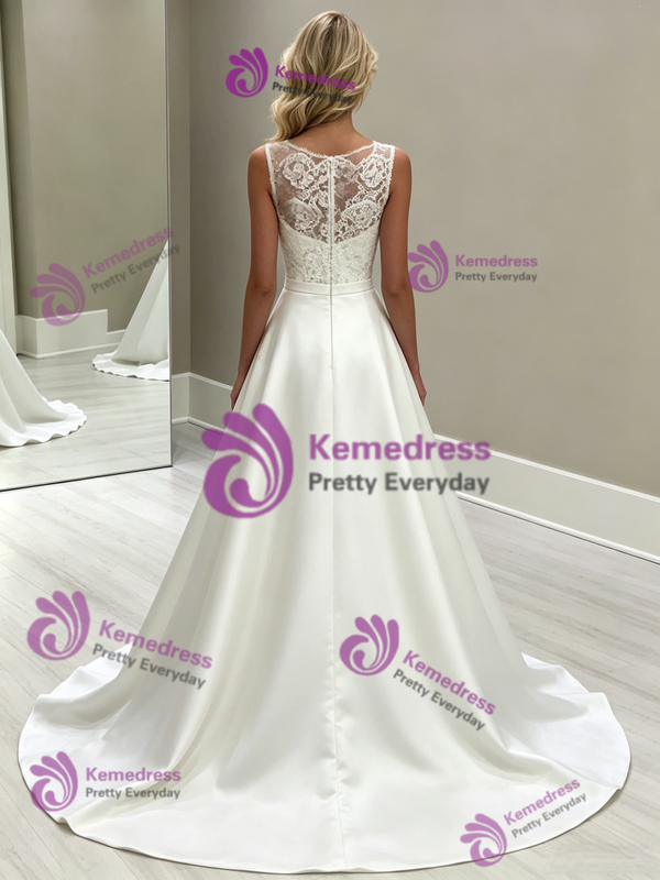 Simple White Satin Lace Scoop Neck Wedding Dress